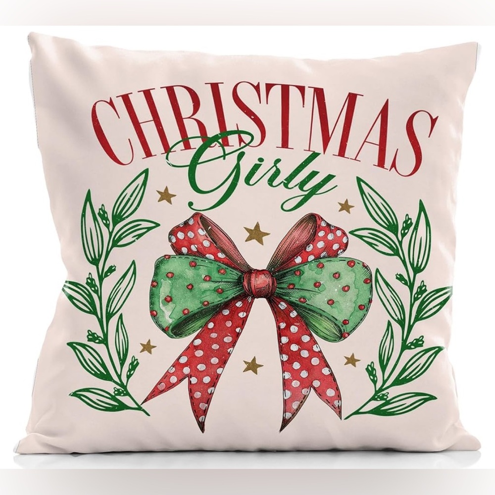 Christmas Girly 2-Pillow Covers,2- 18x18, Red and Green Christmas Bow Decorative